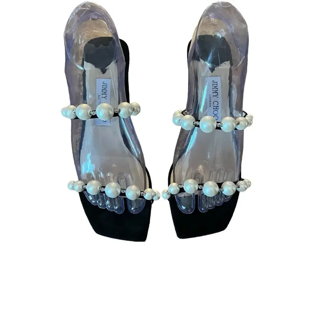 Jimmy Choo Amara 85mm Pearl Straps Suede Block Heels Mules NEW EU 35 US 5
